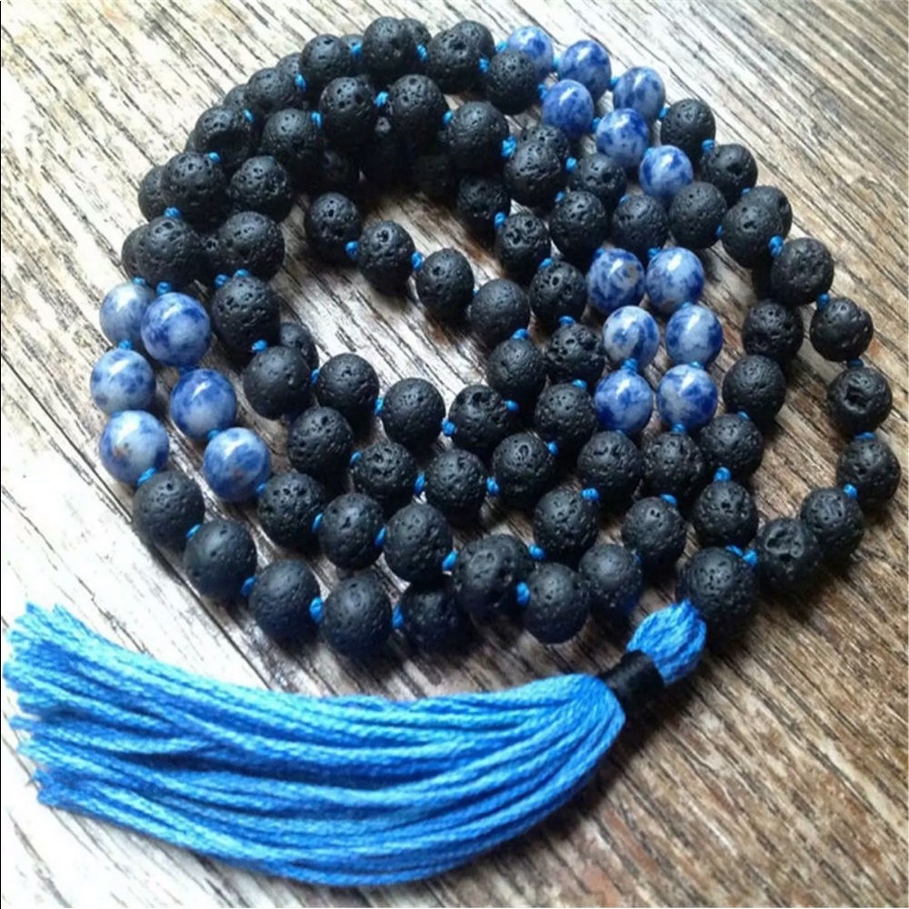 Blue Jasper and Lavastone Meditation Mala - Picture 3 of 5